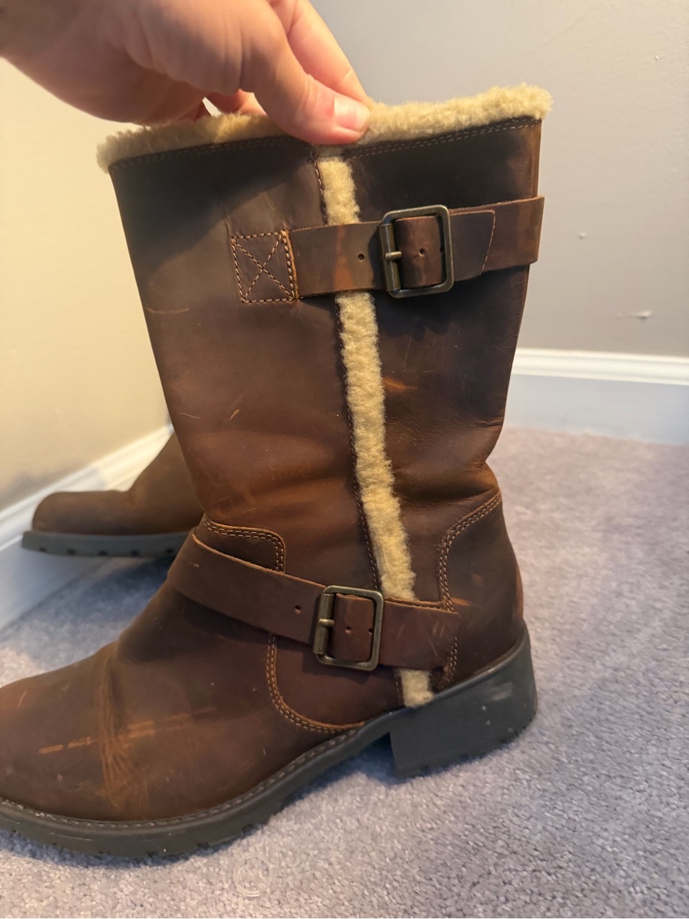 Clarks Brown Leather Shearling-Trim Combat Boots